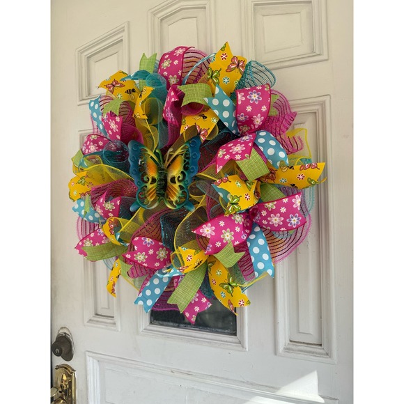Butterfly Deco Mesh Ribbon Spring & Summer Wreath Front Door Hanger Home Decor - Picture 6 of 8